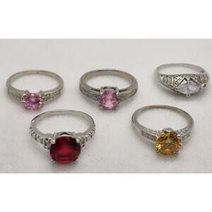 RINGS-DIAMOND CANDLE RINGS-Lot of 5-Size 9-Different "Stones"-Silver Tone